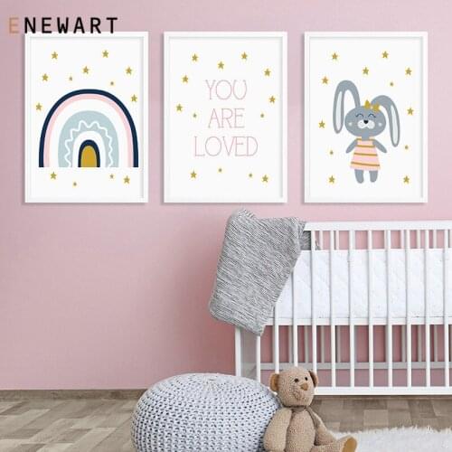 Nordic Poster Pink Baby Girl Bedroom Decorative Rabbit Rainbow Nursery Quote Wall Art Canvas Poster Pictures Painting Posters