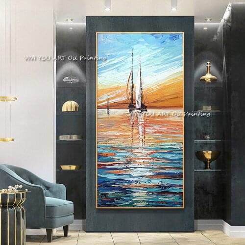 Handmade Modern Style Nordic Blue Orange Ocean Sailing Boat Canvas Painting Office Living Room Decoration Mural (No Frame)