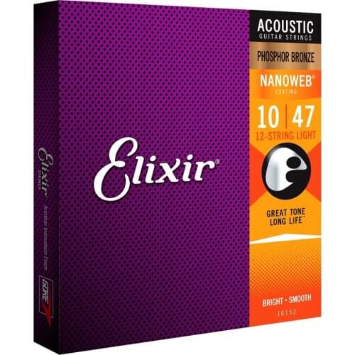 Elixir Strings 16152 Phosphor Bronze 12-String Acoustic Guitar Strings, NANOWEB Coating, Light (.010-.047)