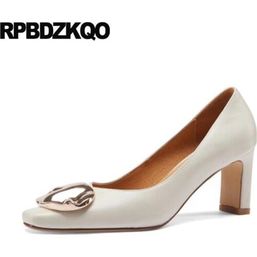Size 33 New Beige Genuine Leather 3 Inch Fashion Shoes 2021 Luxury Women High Heels Pumps Chunky Metal Square Toe Novelty Ladies
