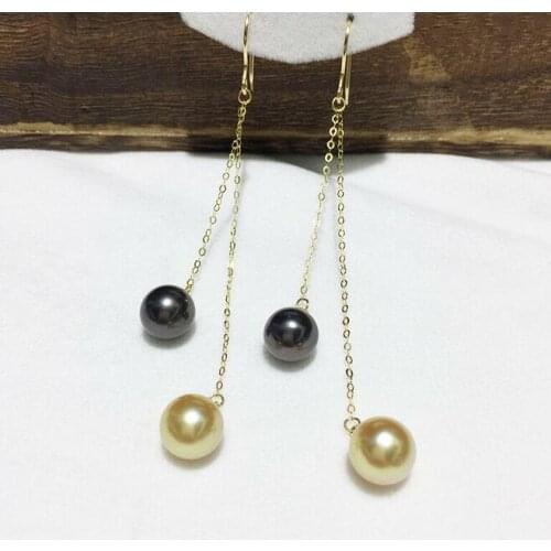 Gorgeous pair of 9-10mm south sea round black gold pearl earring 14k
