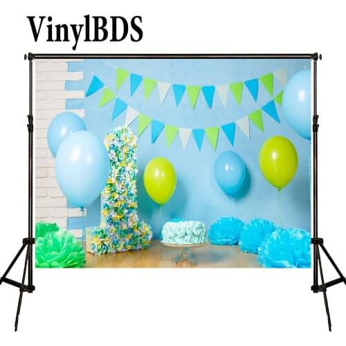 VinylBDS Backdrops Baby 1st Birthday Backdrop Blue Balloon and Cake Backdrop Brick Wall Wood Floor Backdrops for Studio
