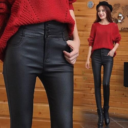 Women Pants High Waist Leather Shorts Womens Matt PU Leather Matte Trousers Black Feet Pencil Pants Pantalones De Mujer
