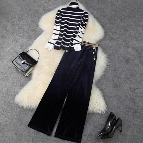 New 2020 autumn winter women elegant turtleneck striped knitted sweater pullovers velvet wide leg long pants suit two piece set