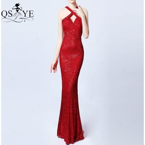 Halter Neck Red Evening Dress Crisscross Sequin Mermaid Prom Gown Elegant Glitter Formal Fit Party Dress Vestido Right Back Slit
