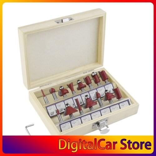 1/4(6.35mm) 15pcs Carbide Shank Wood Router Set Woodworking Cutter Trimming Knife Forming Milling Cutter Pack In Wood Case