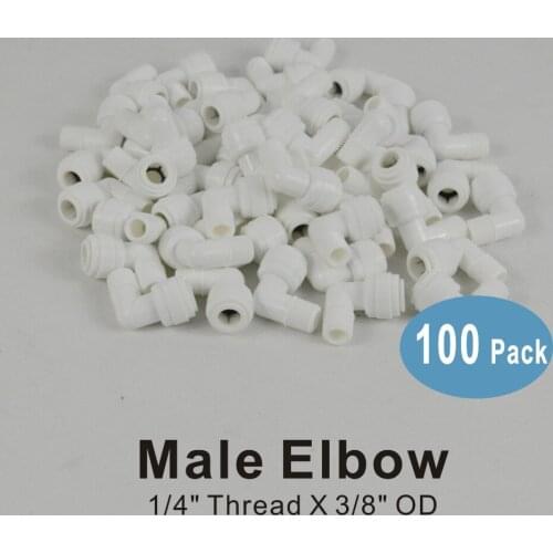 100 PACK OF Elbow Adapter 1/4" Thread Male to 3/8" Quick Connect Fitting Parts for Water Filters and Reverse Osmosis RO Systems