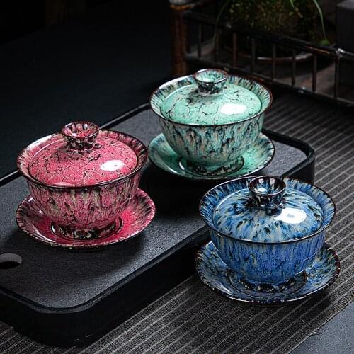 175ml Wancai Kiln Variation Jianzhan Ceramic Sancai Cover Bowl Tea Bowl Personalized Retro Chinese Household Large Capacity