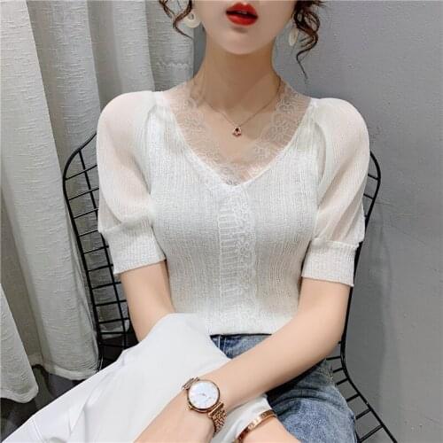 20176 real shot solid color bright lace splicing short sleeve Pullover Sweater 32