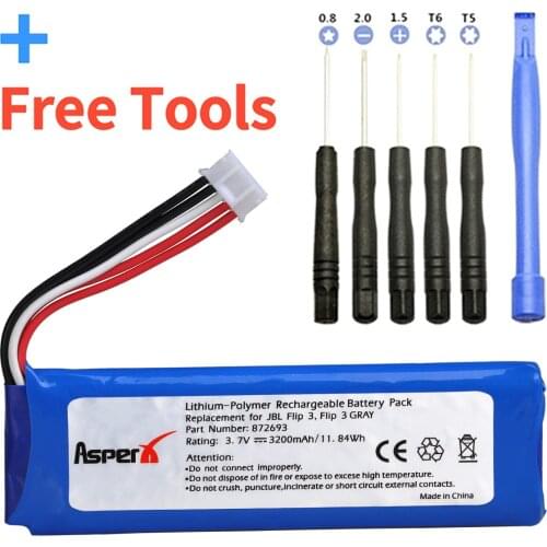 AsperX Battery AKKU for JBL Flip 3 JBLFLIP3 GRAY Replacement GSP872693, P763098 03 3200mAh