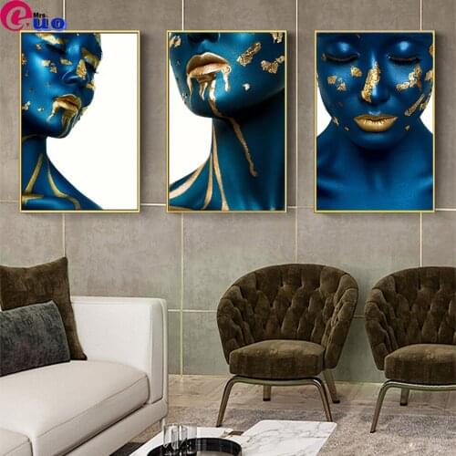 Golden Blue Girl Diamond Painting 5D DIY Full Square/Round Drill Diamond Embroidery Mosaic Art African Woman Home Decor Art