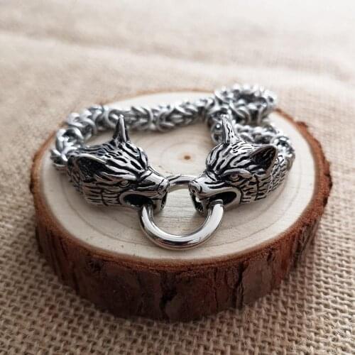 Nordic Viking stainless steel double wolf head wolf bracelet exaggerated titanium steel handmade chain bracelet punk jewelry