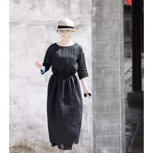 CHKESummer 2020 black ramio round neck drawstring waist opening back pocket dress loose gown 20322