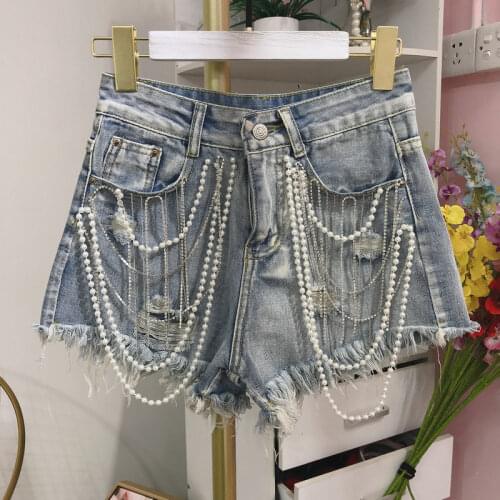New Summer Denim Shorts Womens Industrial High Waisted Jeans Tassels Pearl Pendant Furry-trim A-line Loose Short Wide Leg Pants