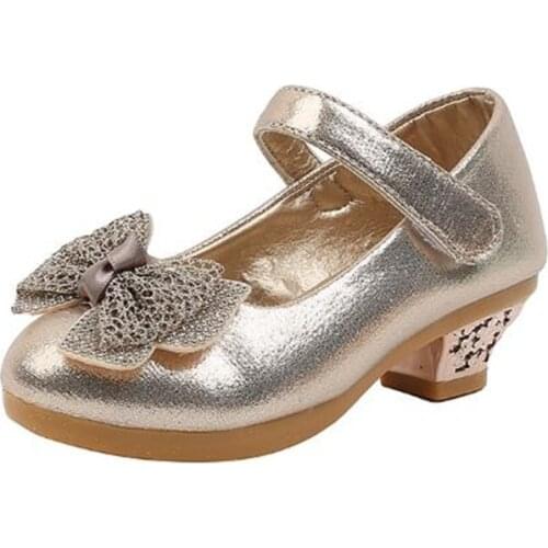 Girls High-heeled Leather Shoes 2021 Bow Show Crystal Single Shoes Dress Catwalk Princess Children Wedding Shoe