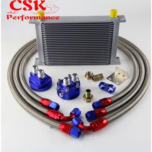 25 Row AN10 Universal Engine Transmission Oil Cooler British Type + Filter Adapter Kit Blue