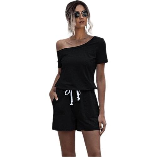 QRWR Fashion Summer Women Jumpsuit 2020 Off-Shoulder Short Sleeve Casual Jumpsuit for Ladies Pocket Rompers Womens Jumpsuit