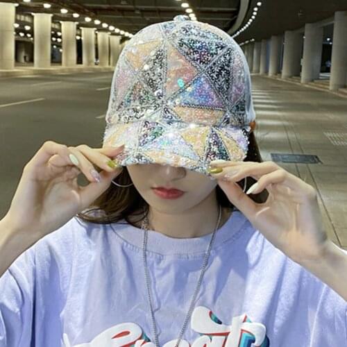 New Glitter Sequins Baseball Cap For Women Snapback Dad Hat Mesh Trucker Women Caps Messy Bun Adjustable Hip Hop Sequin Hats