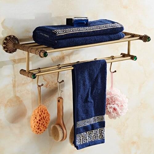 New Antique Brass Rack Dual Bathroom Towel Holder Double Towel Shelf With Hooks Bathroom Accessories 9008