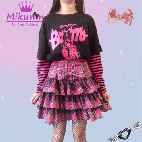 Japanese Harajuku Girls Cute High Waist Pleated Plaid Skirts Ball Gown Gothic Lolita Cake Mini Skirts