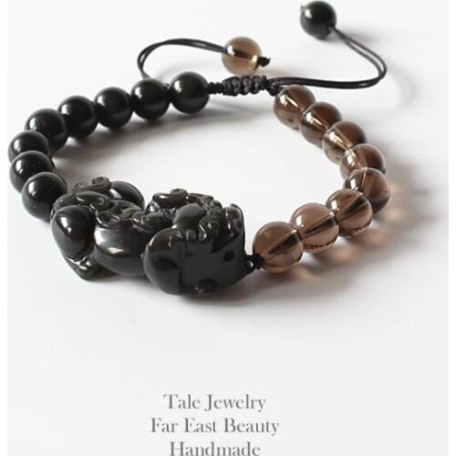 Wholesale Chinese Traditional Pixiu Dragon Black Obsidian With Smoky crystal Beads Mens Bracelet Lucky Jewelry Adjustable Size
