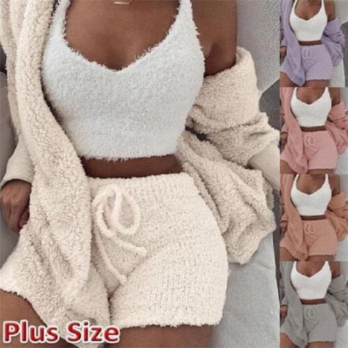 Women Coral Velvet Pajamas Set Spring Autumn Winter Pajamas 3 Three Piece Set Sleepwear Tops Shorts Coat Suit Size S-3XL