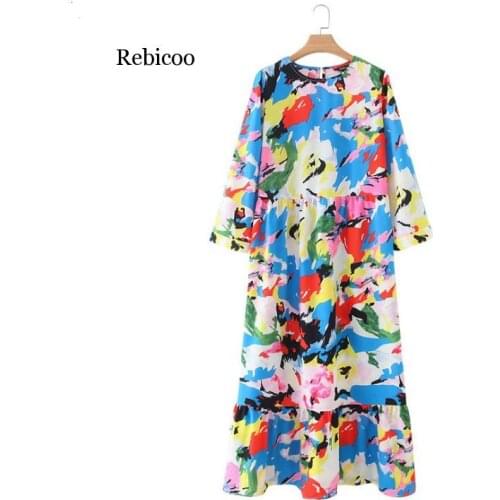 Maxi Dress Casual Straight Dresses Chic Ankle Length Vestidos Print Summer Women Pleated Three Quarter Sleeve Female Dot