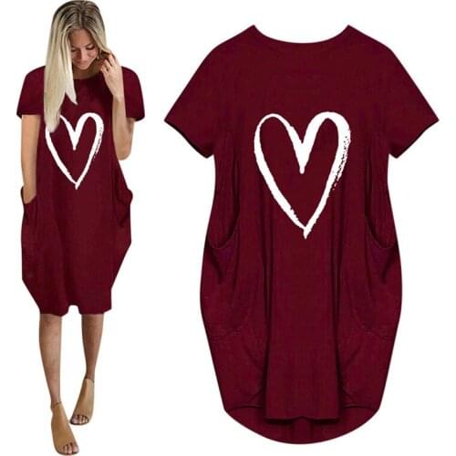 Women Casual Loose Summer Dress With Pockets Fashion O Neck Short Sleeve Love Print Long Robe Female Street Plus Size Dresses