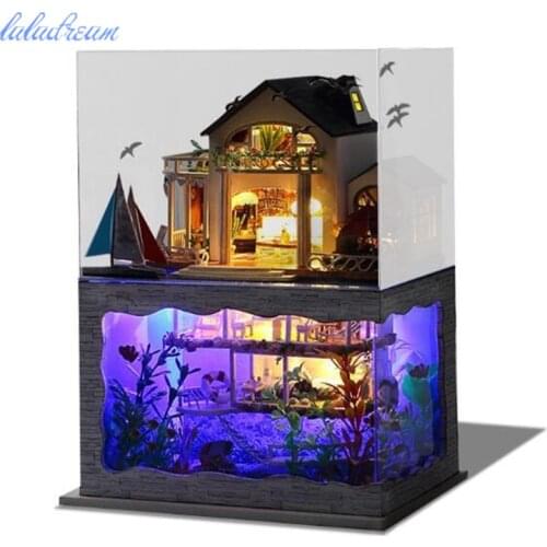 Diy Handmade Wooden Pretty Hawaii Model Doll House with dust cover Beautiful Acousto-optic Hut Gift of Love