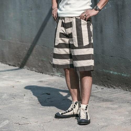 NON STOCK Black White Prison Striped Shorts Vintage Mens Relaxed Fit Work Pants