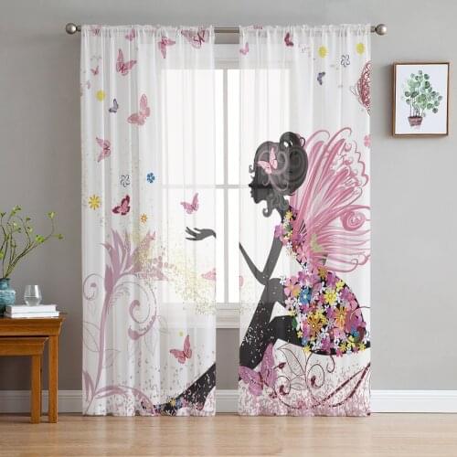 Cartoon Butterfly Fairy Girl Pink White Tulle Curtains for Living Room Bedroom Decor Chiffon Sheer Voile Kitchen Window Curtain