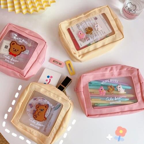 Kawaii Cartoon Bear Mesh Stationery Cosmetic Storage Bag Cute Large Capacity School Office Desktop Organizer Bag Supplies