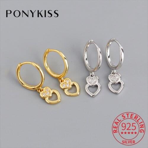 PONYKISS Romantic 100% 925 Sterling Silver Zircon Heart Hoop Earrings Women Party Fashion Delicate Accessory Anniversary Gift