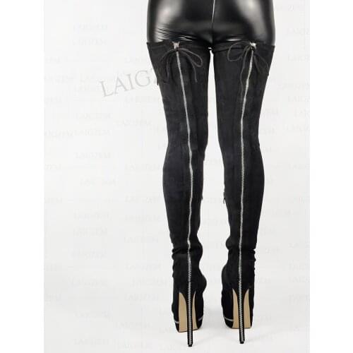 LAIGZEM Women Over Knee Boots Faux Suede Stiletto High Heels Boots Zip Up Party Cosplay Shoes Woman Large Size 41 45 47 50 52