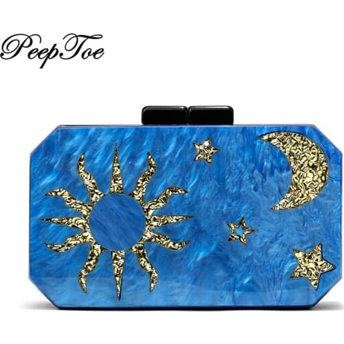 New Designer Women Marble Acrylic Universe Sun Moon Stars Multi Colored Evening Wedding Party Clutch Purse Casual Chains Handbag