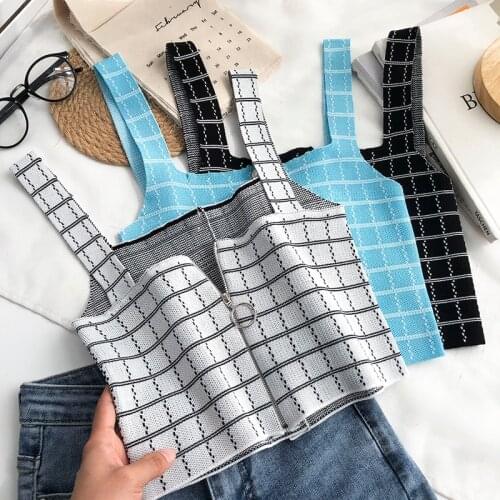 Knitted Button Up Plaid Camis Women Screw Thread Casual Top Back Zipper Short Tank Top Summer 2021 Fashion New Clothing