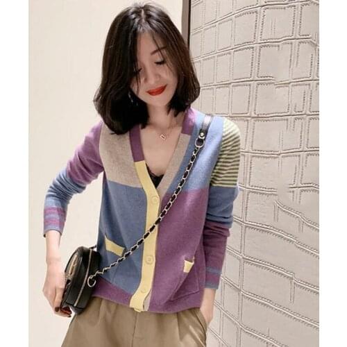 Women Korean Patchwoar Sweater Knitted Single Breasted Cardigan Long Sleeve V-Neck Casual Vintage Female Outerwear