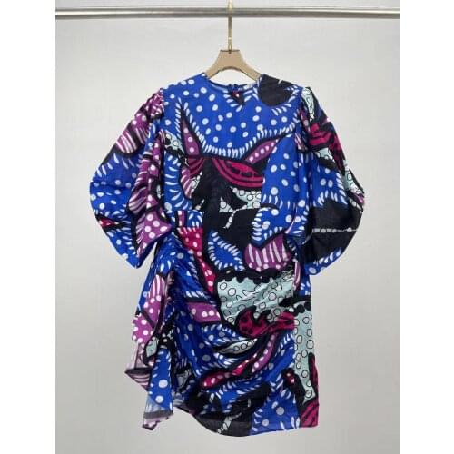 Womens Runway Mini Sexy Dresses O-Neck Half Sleeves Floral Printed Elegant Fashion Draped Hot Sale Dress Vestidos