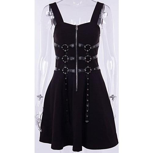 Women Sexy Goth Mini Dress 2019 Metal Chain Spaghetti Strap Backless Sleeveless Harajuku Vintage Retro Black Gothic Punk Dresses