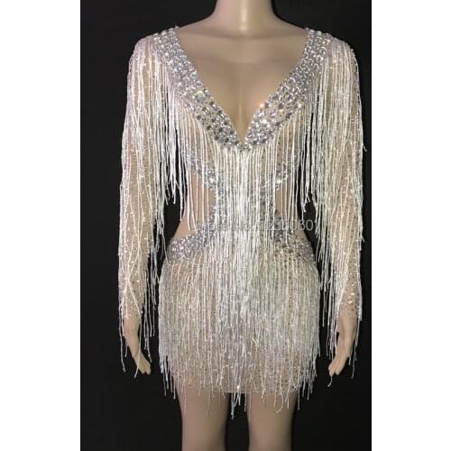 2020 Silver Rhinestones Fringes Dress Lady Prom Evening Outfit Bar Singer See Through Mesh Dress Shining Birthday Tassels Dress