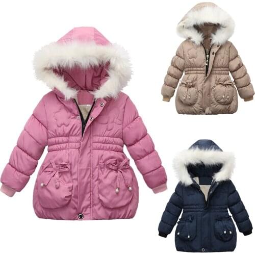 Winter Solid Bowknot Coats Children Kids Girls Winter Coats Jacket Zip Thick Warm Snow Hoodie Outwear Ropa De Niñas 2 A 8 Años