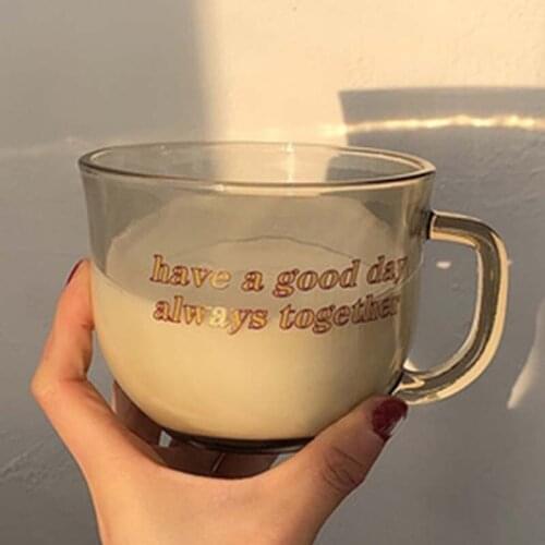1Pcs New 480mL Printed Letter Coffee Glass Cup with Handle Creative High Quality Milk Juice Breakfast Glass Mug Gift for Friends