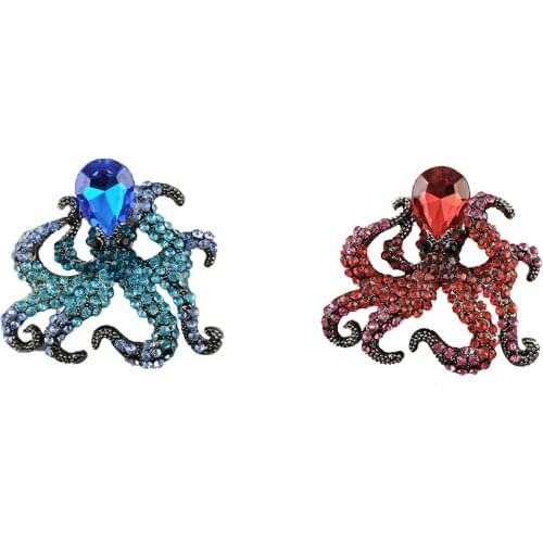 100pcs/lot 50mm Octopus Sea Ocean Faux Red And Blue Crystal Rhinestone Silver Tone Octopu Animal Brooch Pin