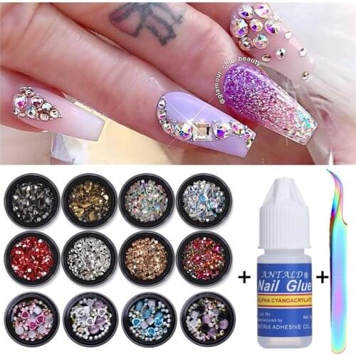 2Pcs/Set 3D Nail Rhinestones Stones Crystals Mixed Colorful Nail Art Decorations DIY Design With Nail Curved Tweezer