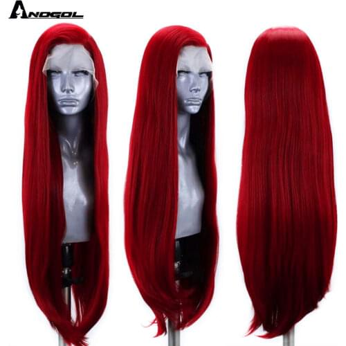 Anogol Brand Red Lace Front Wigs for Women Synthetic Long Straight Wigs Middle Parting Heat Resistant Fiber Natural Looking 13x4
