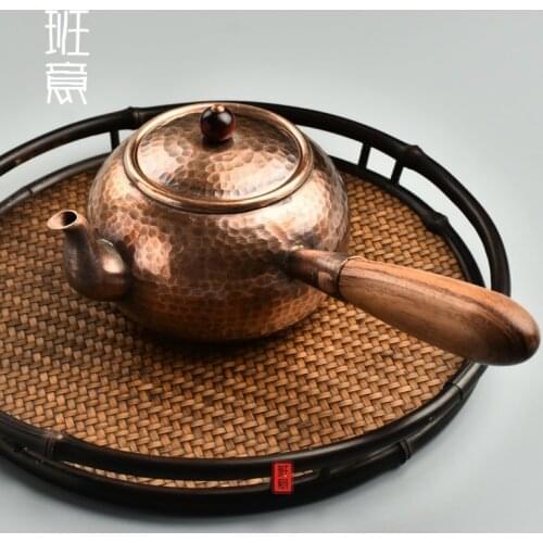 Pure handmade thickened copper pot retro Japanese tea set side handle solid wood handle kungfu teapot teaware