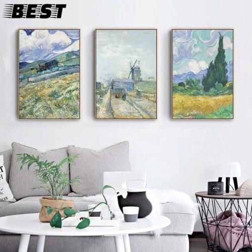 Van Gogh Wheat Field Landscape Canvas Painting Green Ldyllic Scenery Wall Art Posters Famous Oil Painting for Living Room Decor