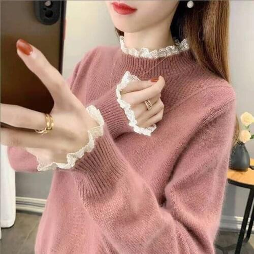 Lace Sweater 2021 Autumn Winter Clothes Women Turtleneck Korean Fashion Womens Sweater Long Sleeve Top Basic Jersey Mujer Pull