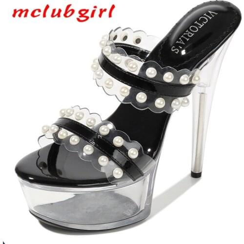 Mclubgirl 2020 Summer Fashion High Heel Riveted Womens Sandals Sexy Waterproof Platform Crystal Catwalk Womens Shoes WZ
