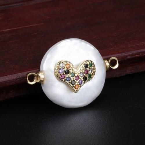 Cute tiny gold colorful rainbow cz paved vary heart charm round pearl beads connector for women jewelry gift making